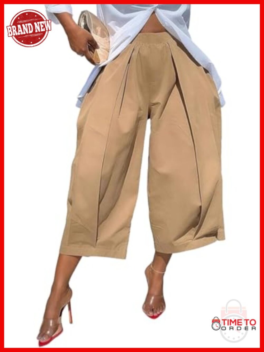 Women High Waisted Wide Leg Cropped Pants Loose Fit Palazzo Work Capri Pleated
